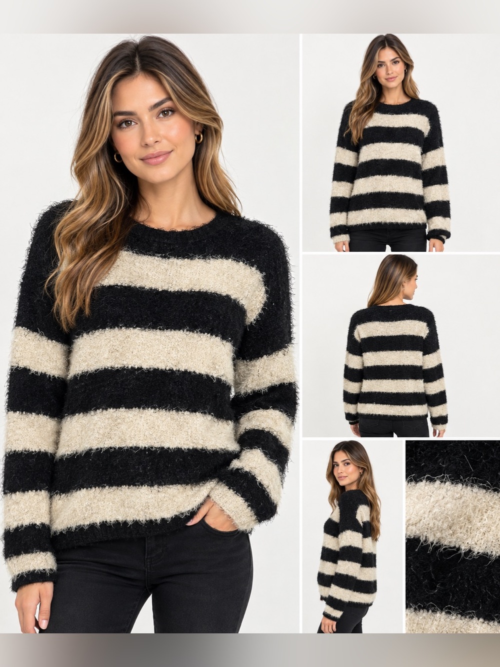 Forever 21 Fuzzy Striped Sweater Black Ivory Size M Soft Cozy Knit